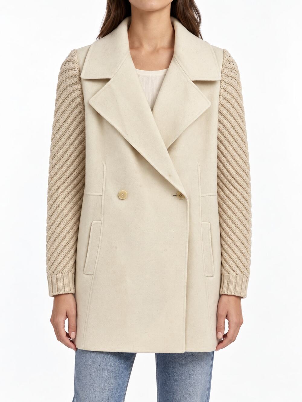 Vince Women's Cream Wool Double-Breasted Peacoat Knit Sleeves XXS